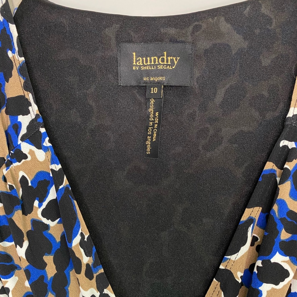 Laundry by Shelli Segal Short Sleeve V-Neck Print Dress Tan/Black/Blue Size 10 - Picture 5 of 6